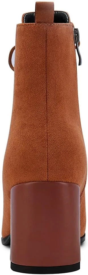 Aachcol Women Chunky Block Mid High Heel Ankle Boots Short Bootie Lace-up Close Pointed Toe Shoes Suede 3 Inch
