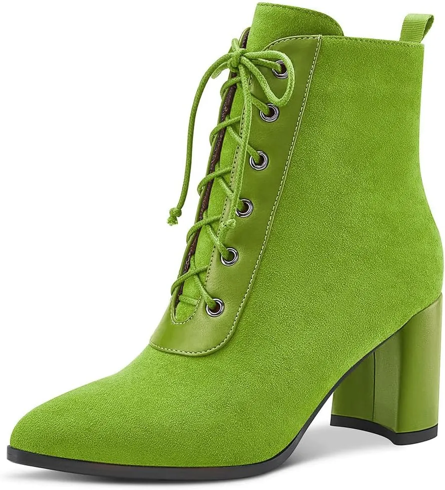 Aachcol Women Chunky Block Mid High Heel Ankle Boots Short Bootie Lace-up Close Pointed Toe Shoes Suede 3 Inch