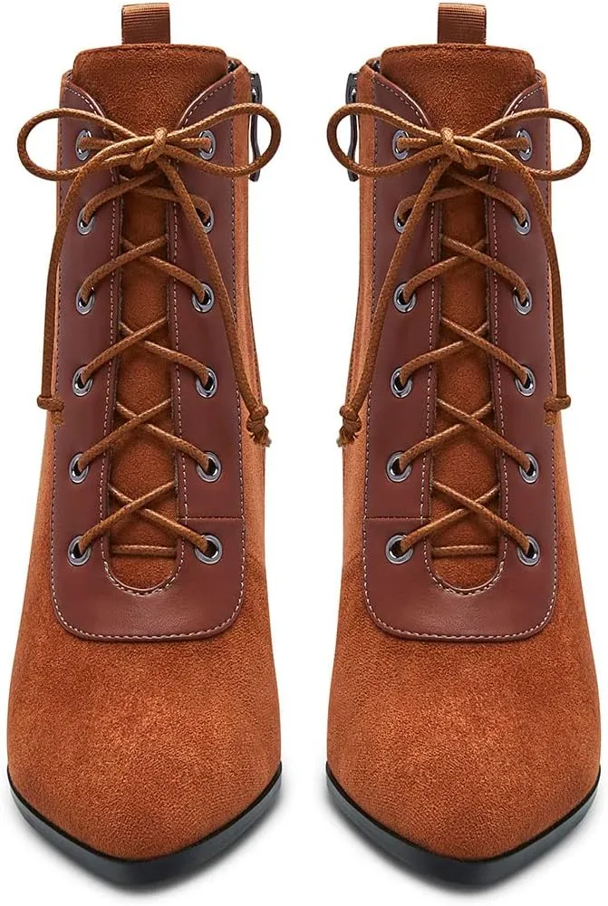 Aachcol Women Chunky Block Mid High Heel Ankle Boots Short Bootie Lace-up Close Pointed Toe Shoes Suede 3 Inch