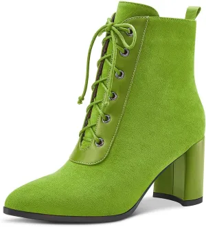 Aachcol Women Chunky Block Mid High Heel Ankle Boots Short Bootie Lace-up Close Pointed Toe Shoes Suede 3 Inch
