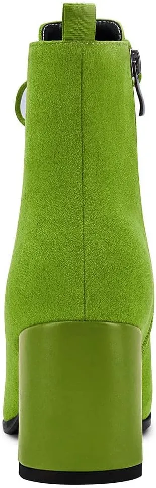 Aachcol Women Chunky Block Mid High Heel Ankle Boots Short Bootie Lace-up Close Pointed Toe Shoes Suede 3 Inch
