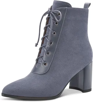 Aachcol Women Chunky Block Mid High Heel Ankle Boots Short Bootie Lace-up Close Pointed Toe Shoes Suede 3 Inch