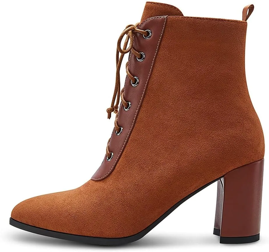 Aachcol Women Chunky Block Mid High Heel Ankle Boots Short Bootie Lace-up Close Pointed Toe Shoes Suede 3 Inch