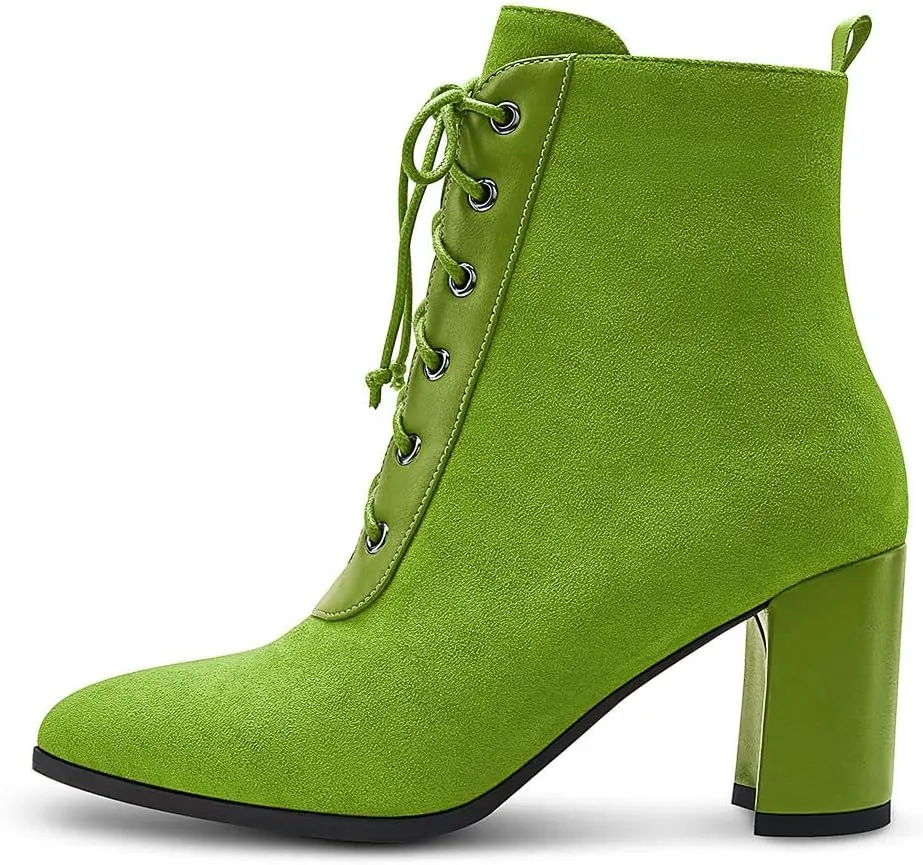 Aachcol Women Chunky Block Mid High Heel Ankle Boots Short Bootie Lace-up Close Pointed Toe Shoes Suede 3 Inch