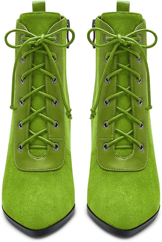Aachcol Women Chunky Block Mid High Heel Ankle Boots Short Bootie Lace-up Close Pointed Toe Shoes Suede 3 Inch