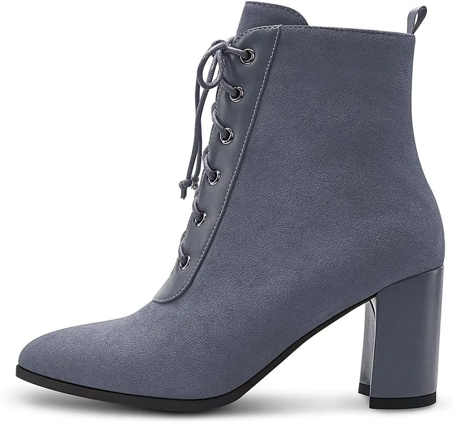 Aachcol Women Chunky Block Mid High Heel Ankle Boots Short Bootie Lace-up Close Pointed Toe Shoes Suede 3 Inch