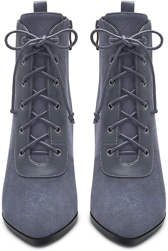 Aachcol Women Chunky Block Mid High Heel Ankle Boots Short Bootie Lace-up Close Pointed Toe Shoes Suede 3 Inch