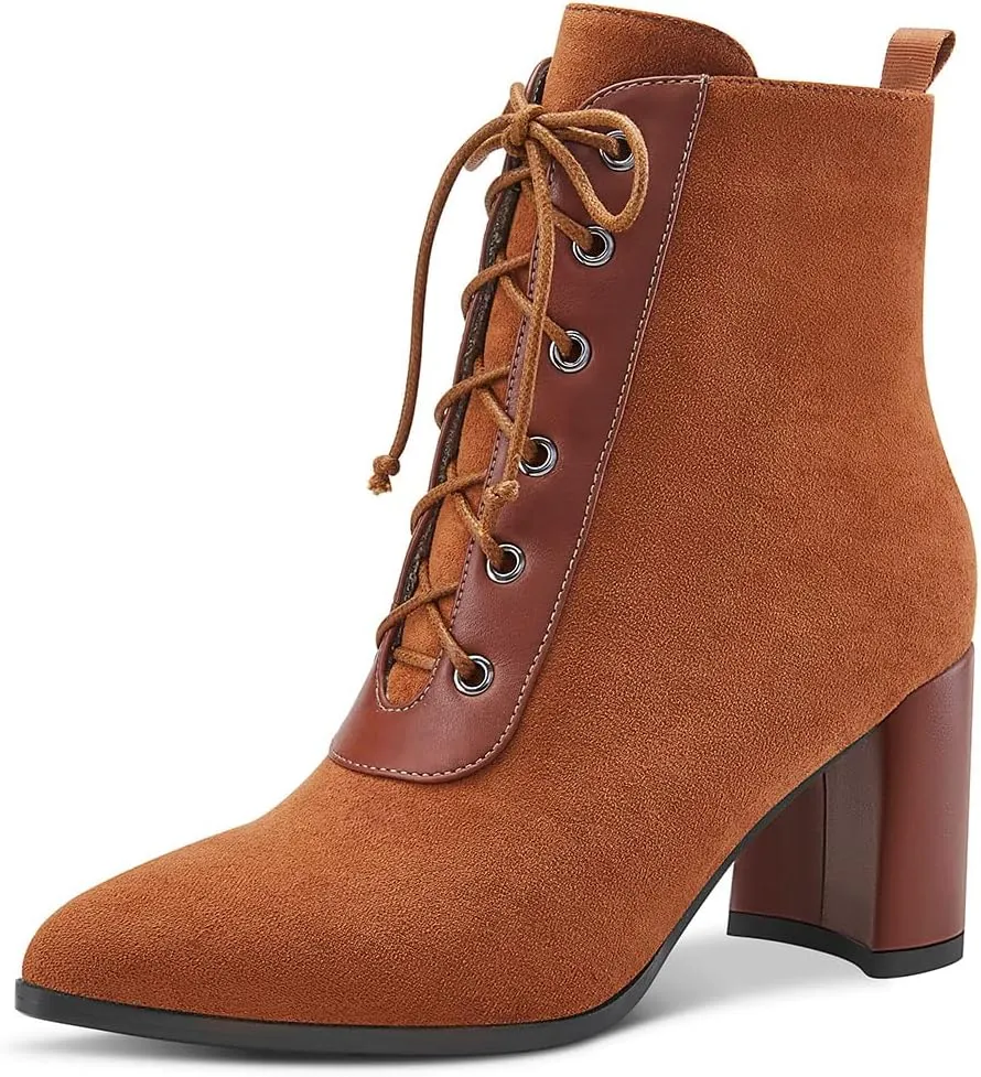 Aachcol Women Chunky Block Mid High Heel Ankle Boots Short Bootie Lace-up Close Pointed Toe Shoes Suede 3 Inch