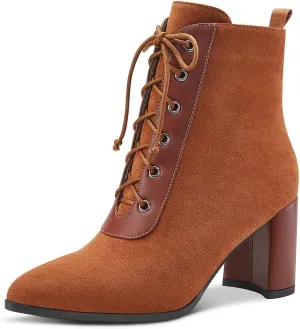 Aachcol Women Chunky Block Mid High Heel Ankle Boots Short Bootie Lace-up Close Pointed Toe Shoes Suede 3 Inch