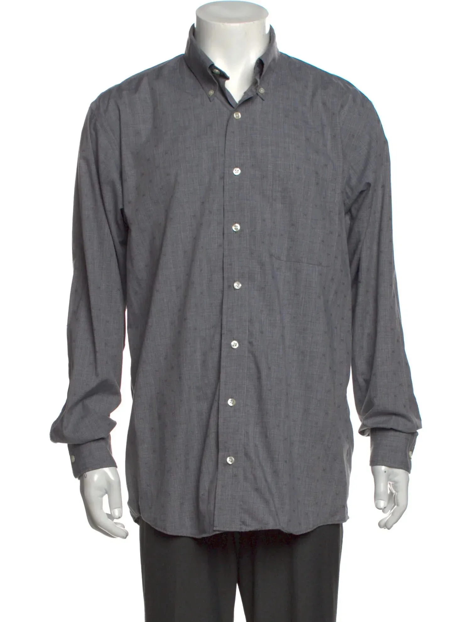 Allen Edmonds Grey Tonal Plaid with Speck Detail Long Sleeve Button Up Shirt