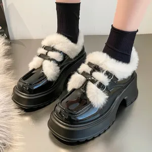 AMOZAE- - Cozy Chic Winter Warm Plush Patent Leather Platform Pumps