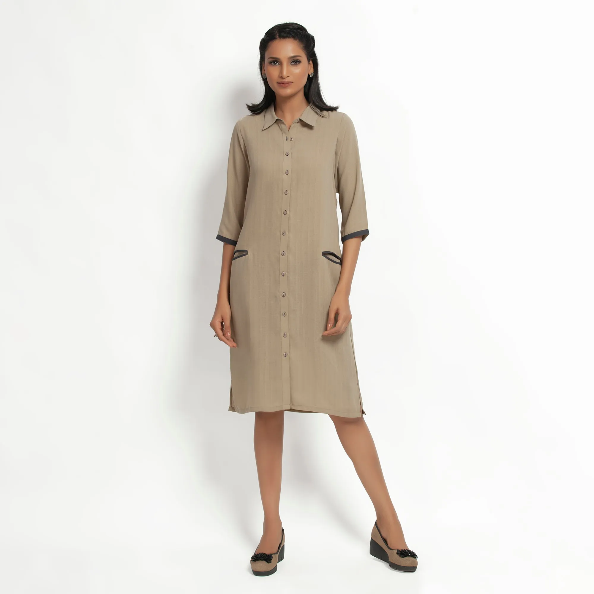 Beige Straight Tunic Jacket With Contrast Pocket