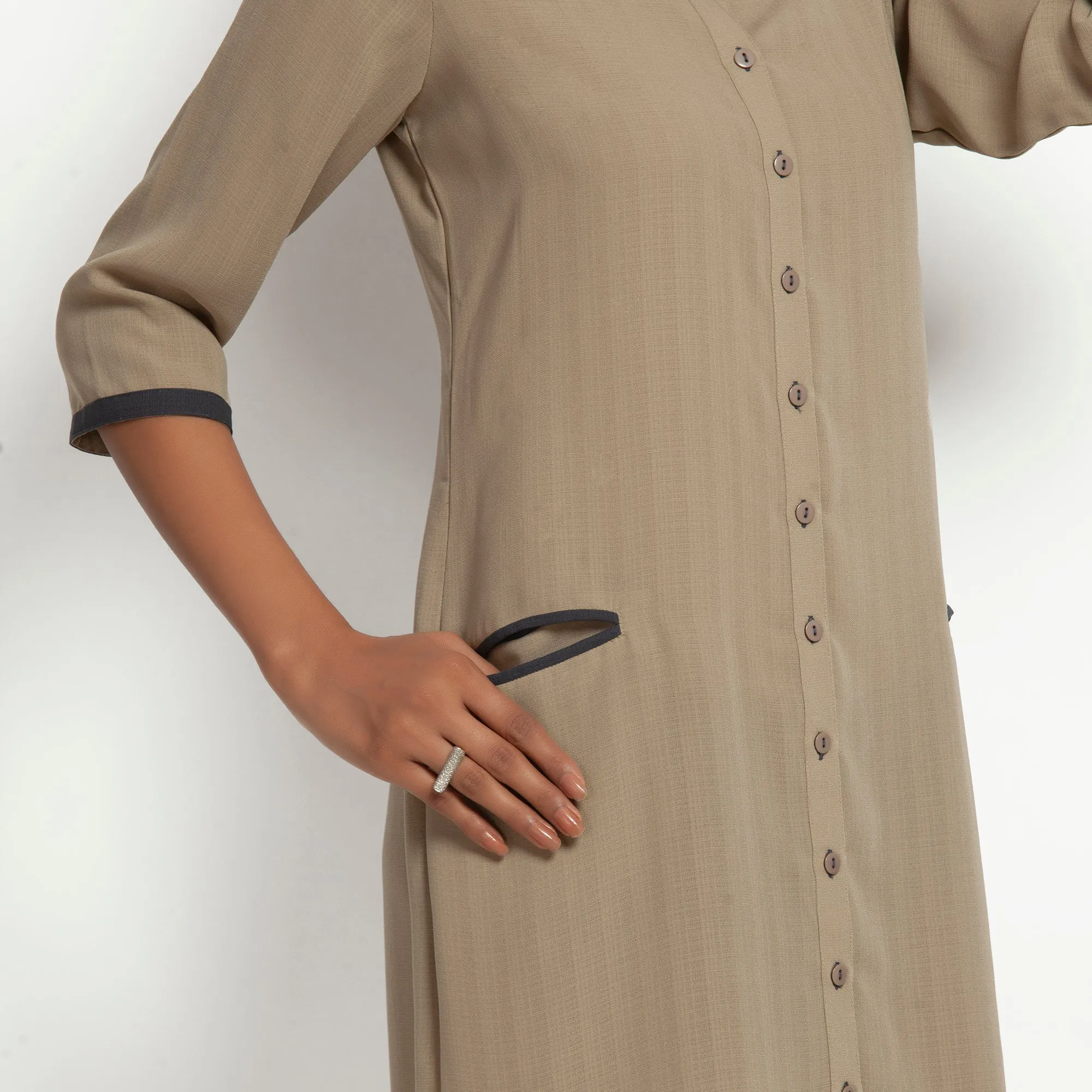 Beige Straight Tunic Jacket With Contrast Pocket