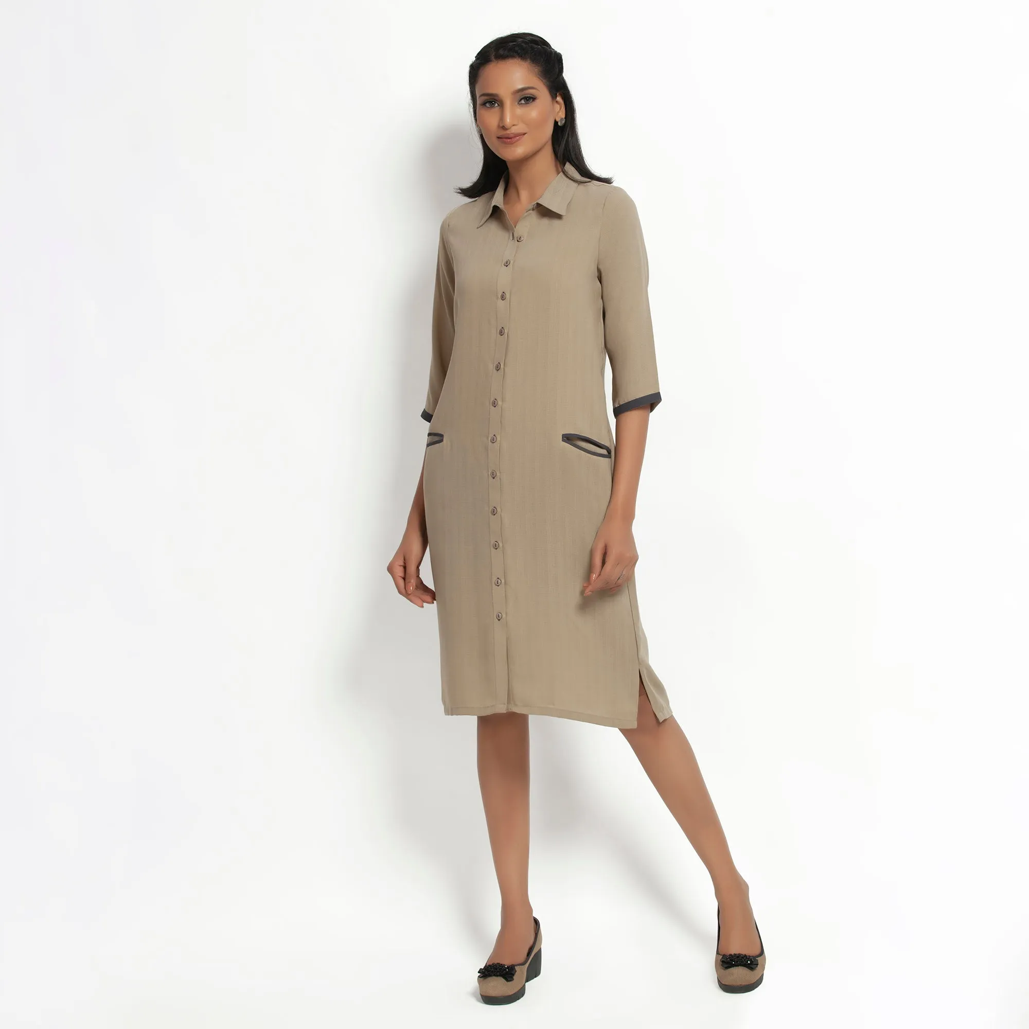 Beige Straight Tunic Jacket With Contrast Pocket