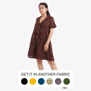 Black Block Print Cotton Knee Length Shirt Dress