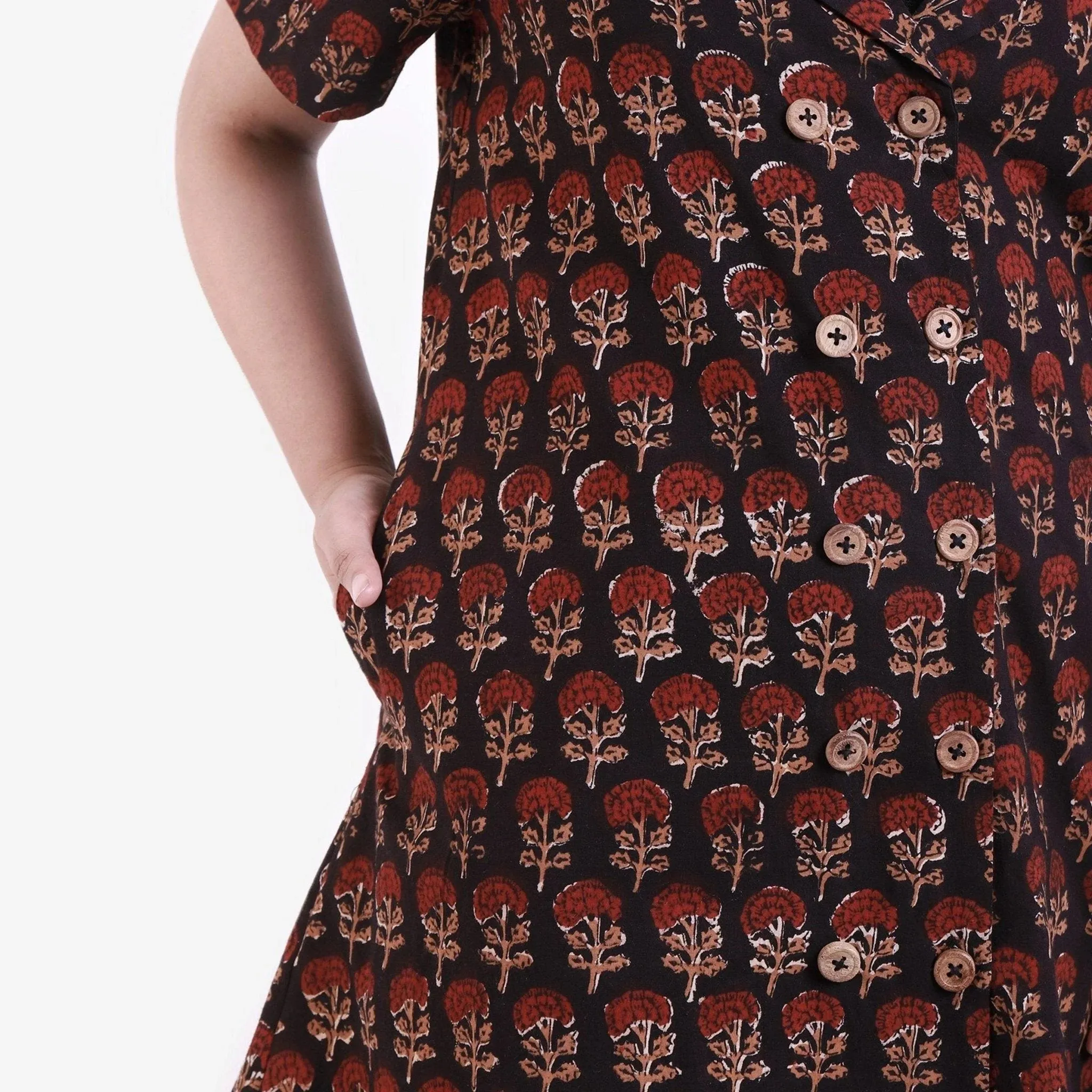 Black Block Print Cotton Knee Length Shirt Dress
