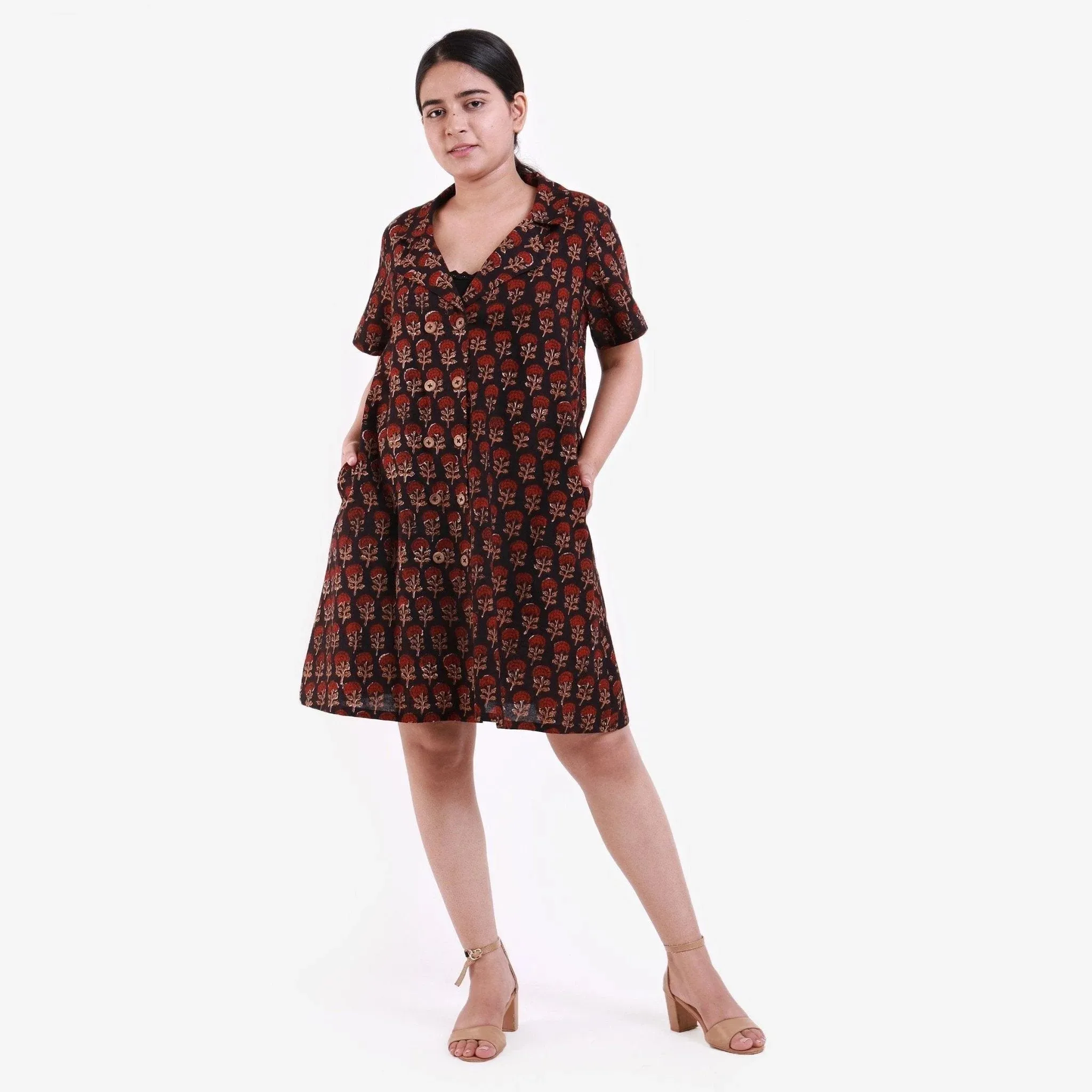 Black Block Print Cotton Knee Length Shirt Dress