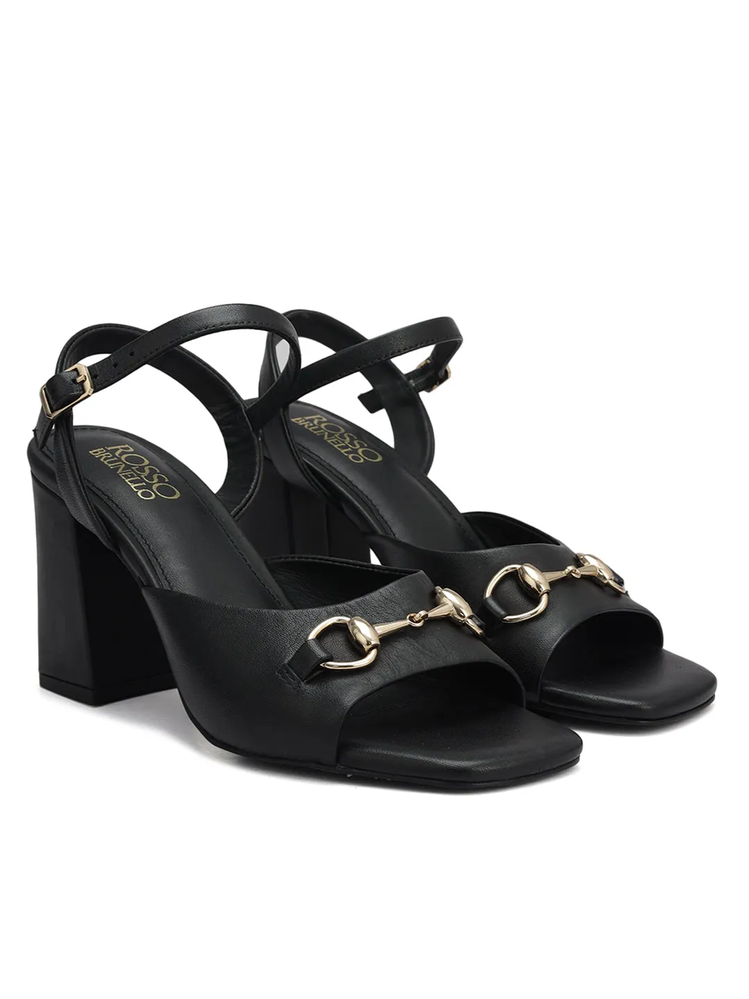 Black Buckle Embellished Block Heels