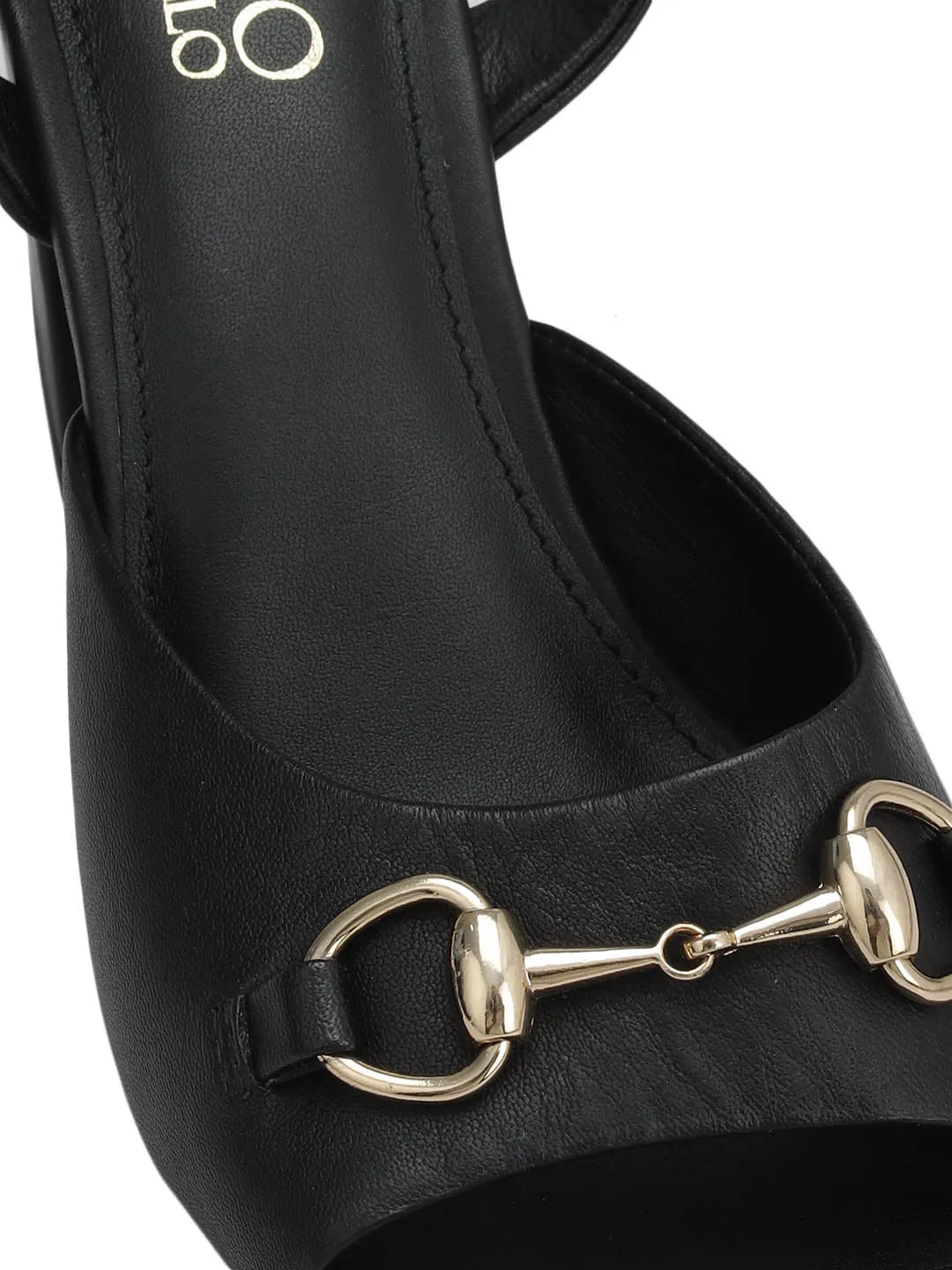 Black Buckle Embellished Block Heels