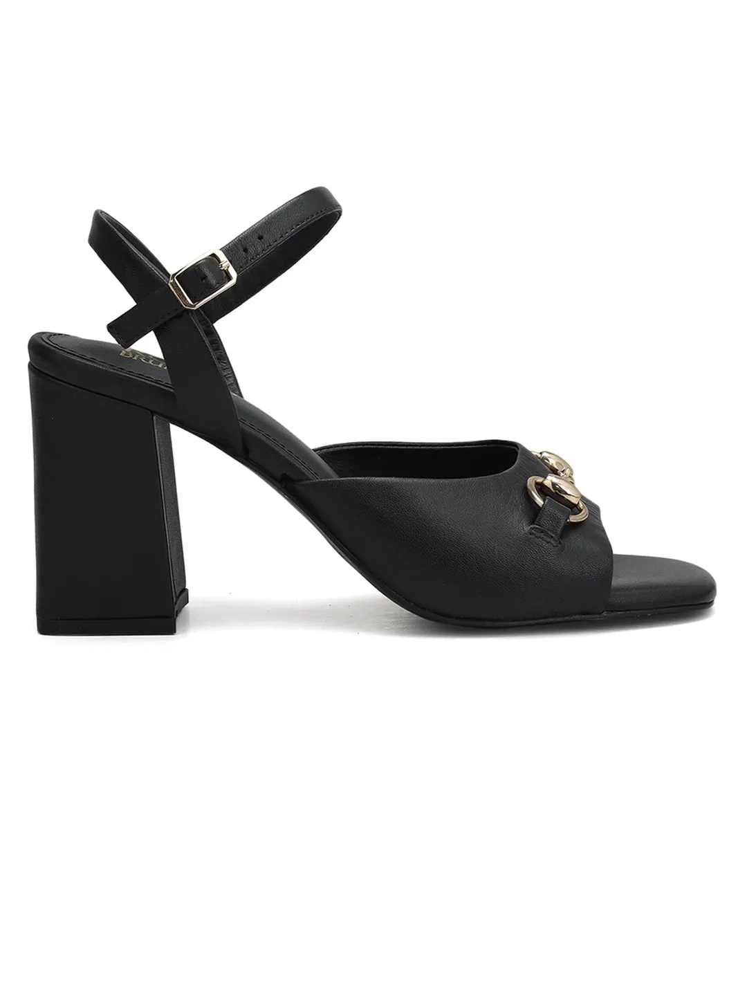 Black Buckle Embellished Block Heels