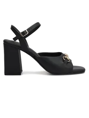 Black Buckle Embellished Block Heels