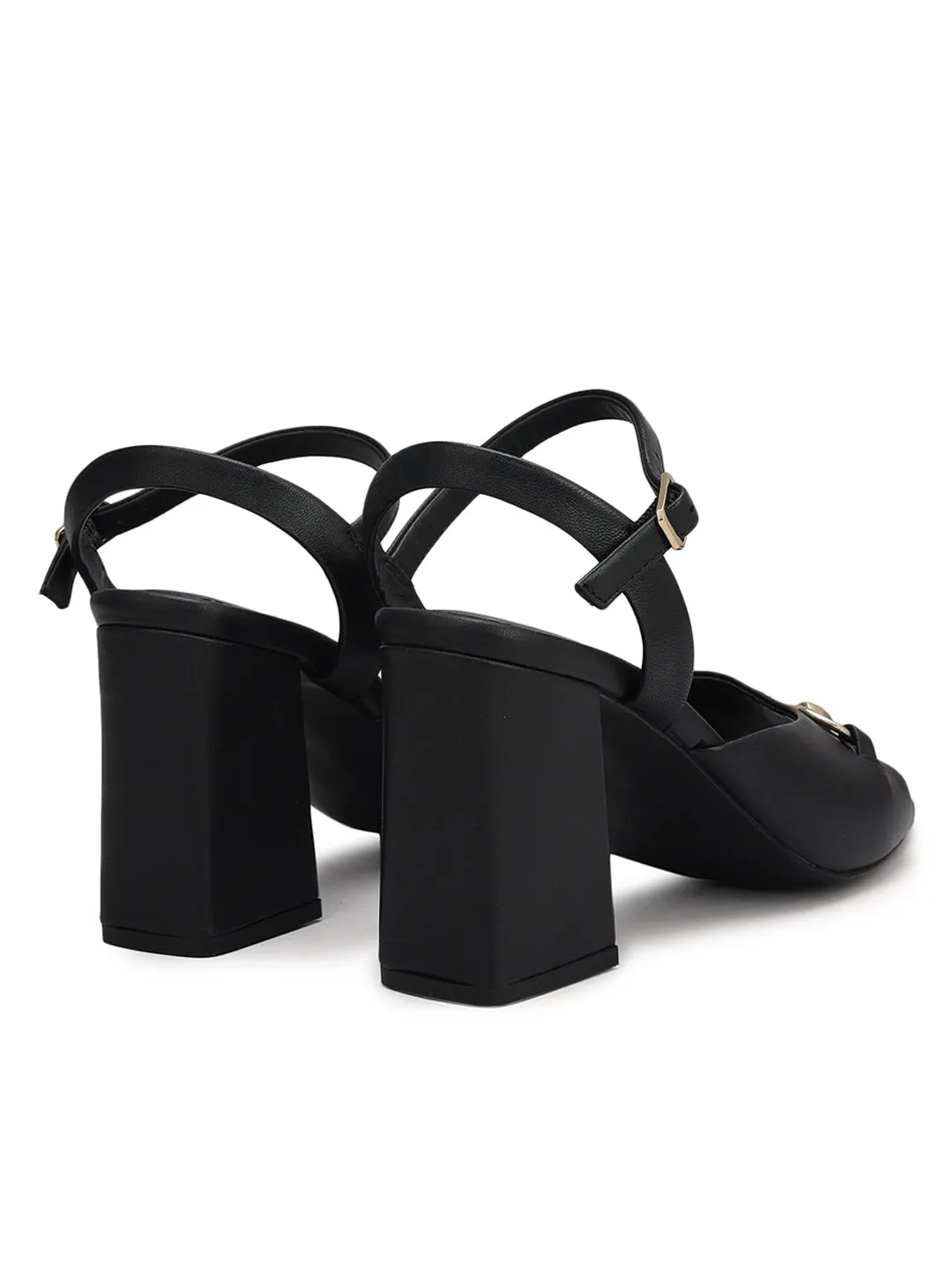 Black Buckle Embellished Block Heels