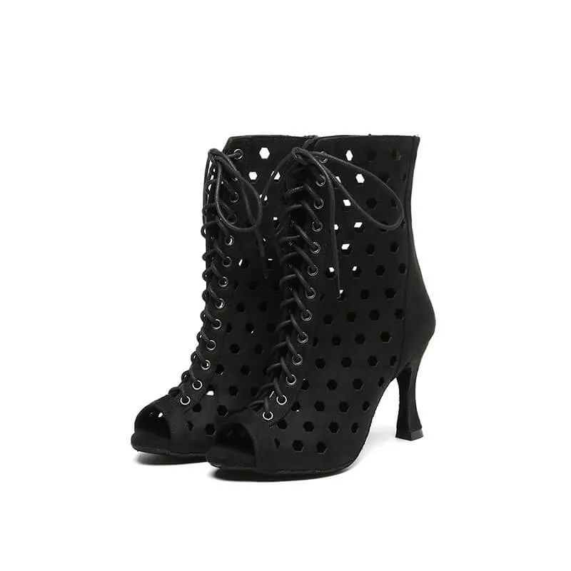 Black Suede Open Toe Cutout Flared Heels Ankle Boots