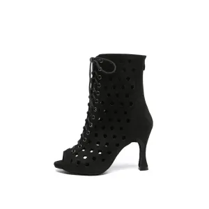 Black Suede Open Toe Cutout Flared Heels Ankle Boots