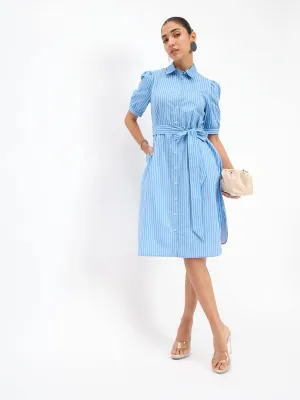 Bolt Puff Sleeve Shirt Dress - Blue Stripes