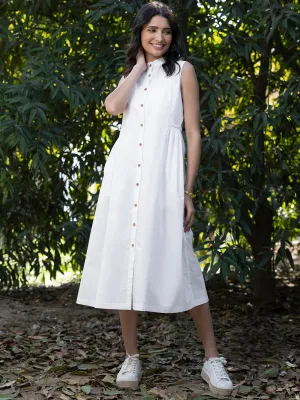 Cotton Poplin Mandarin Neck Dress - White