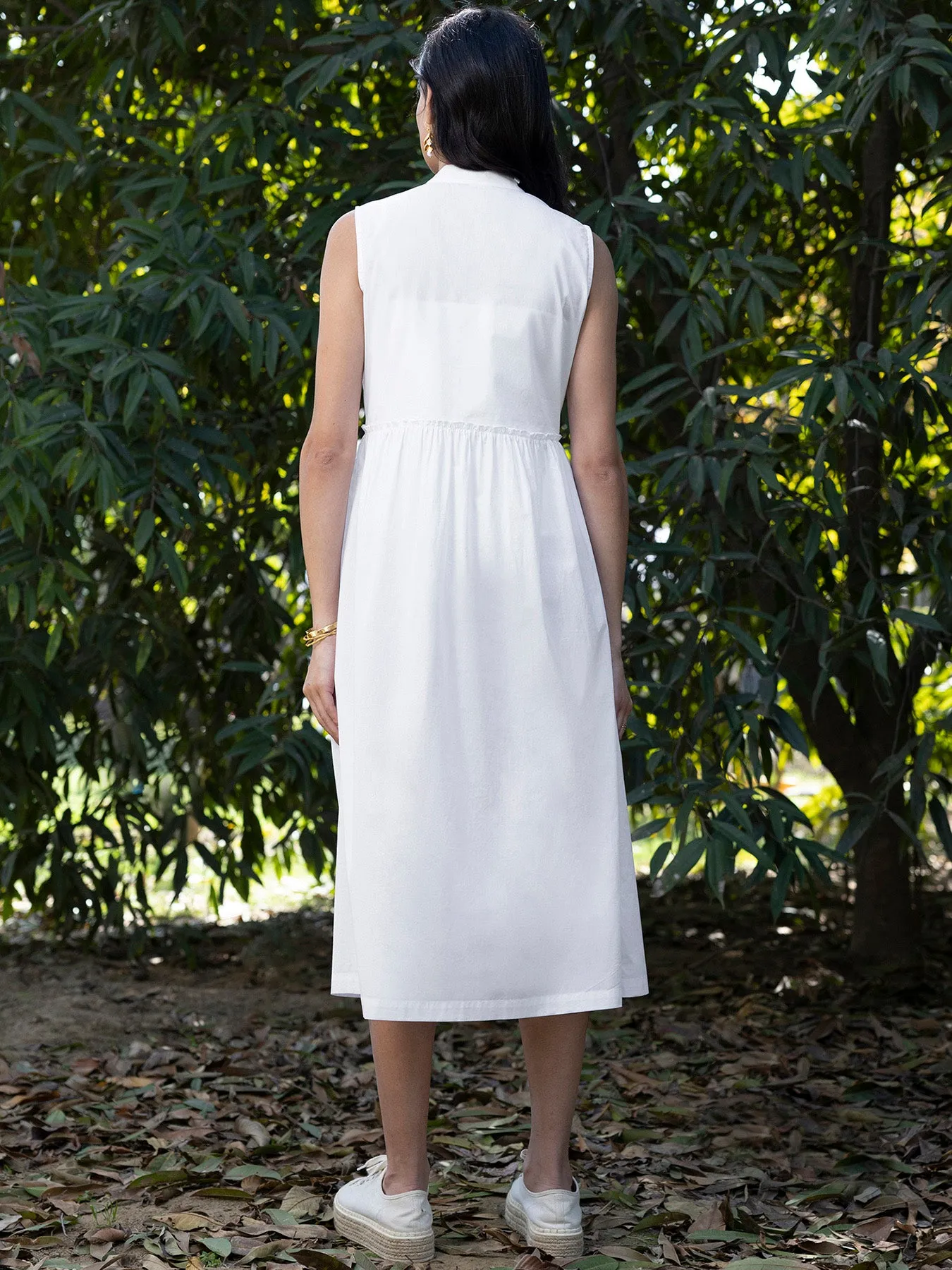 Cotton Poplin Mandarin Neck Dress - White