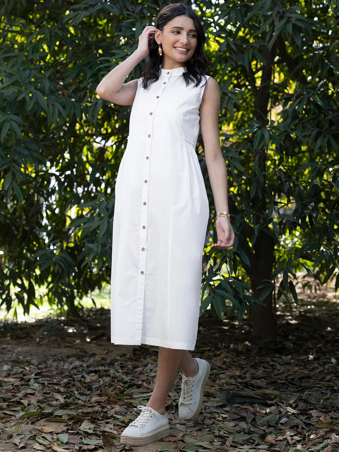 Cotton Poplin Mandarin Neck Dress - White