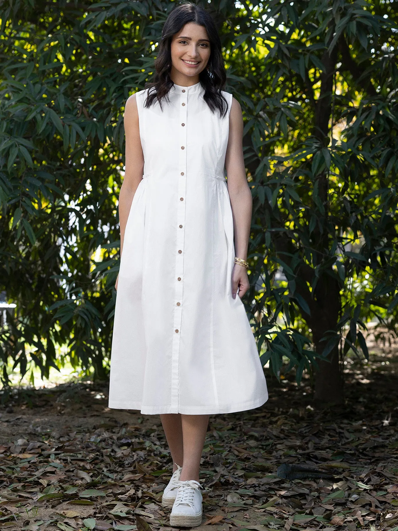 Cotton Poplin Mandarin Neck Dress - White