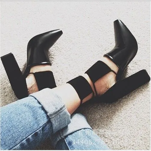 Cut Out Pointed Toe High Chunky Heel Party Shoes