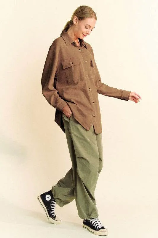 Davi & Dani Waffle-Knit Button Down Shirt In Brown