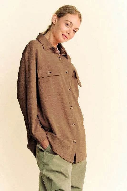 Davi & Dani Waffle-Knit Button Down Shirt In Brown