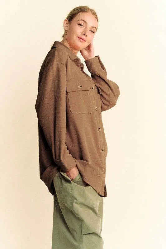 Davi & Dani Waffle-Knit Button Down Shirt In Brown