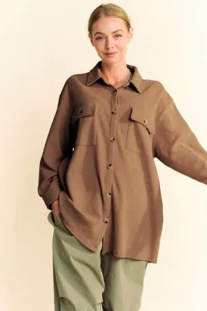 Davi & Dani Waffle-Knit Button Down Shirt In Brown