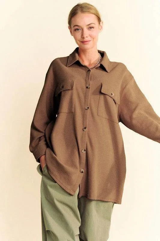 Davi & Dani Waffle-Knit Button Down Shirt In Brown