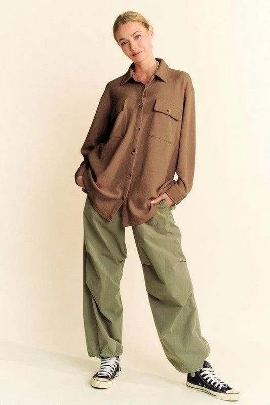 Davi & Dani Waffle-Knit Button Down Shirt In Brown