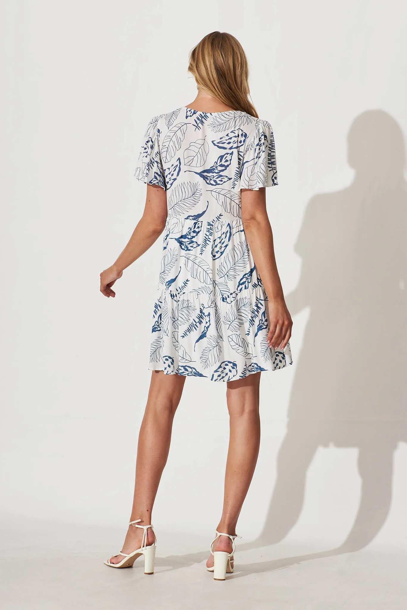 Diana Smock Dress In White With Blue Leaf Print Linen Blend