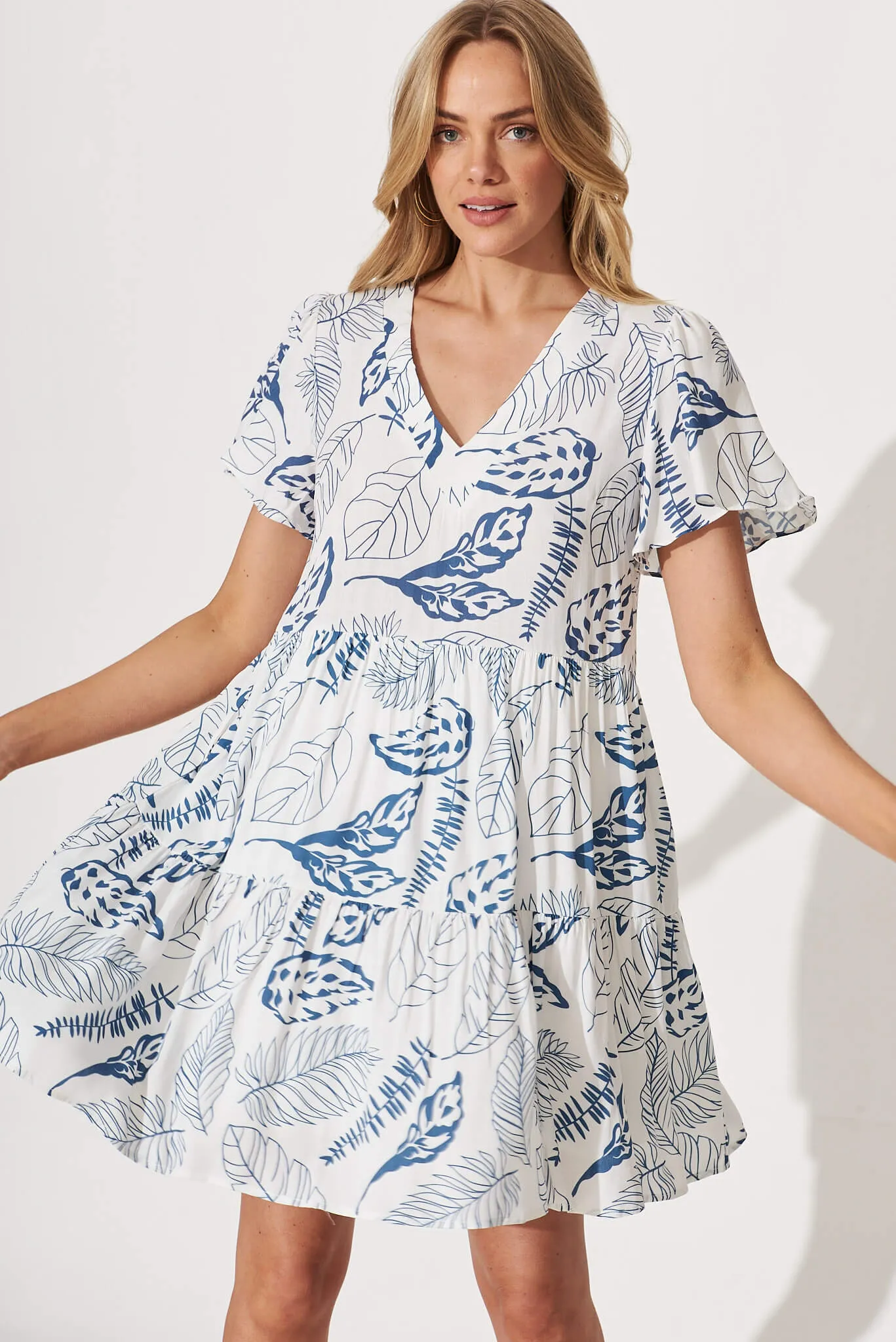 Diana Smock Dress In White With Blue Leaf Print Linen Blend
