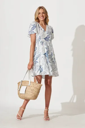 Diana Smock Dress In White With Blue Leaf Print Linen Blend