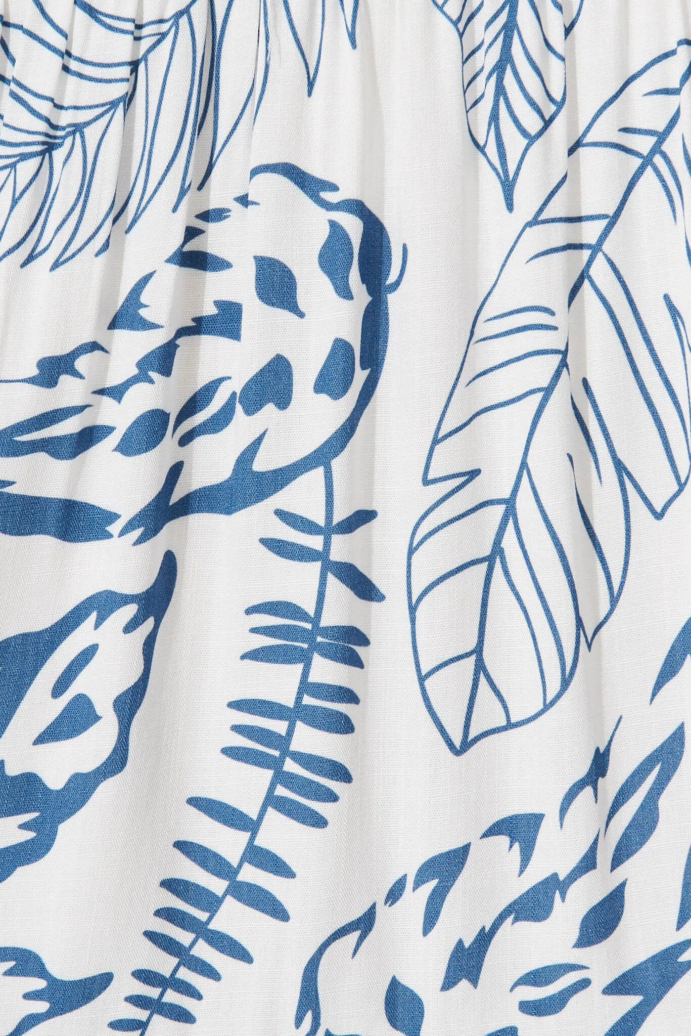 Diana Smock Dress In White With Blue Leaf Print Linen Blend