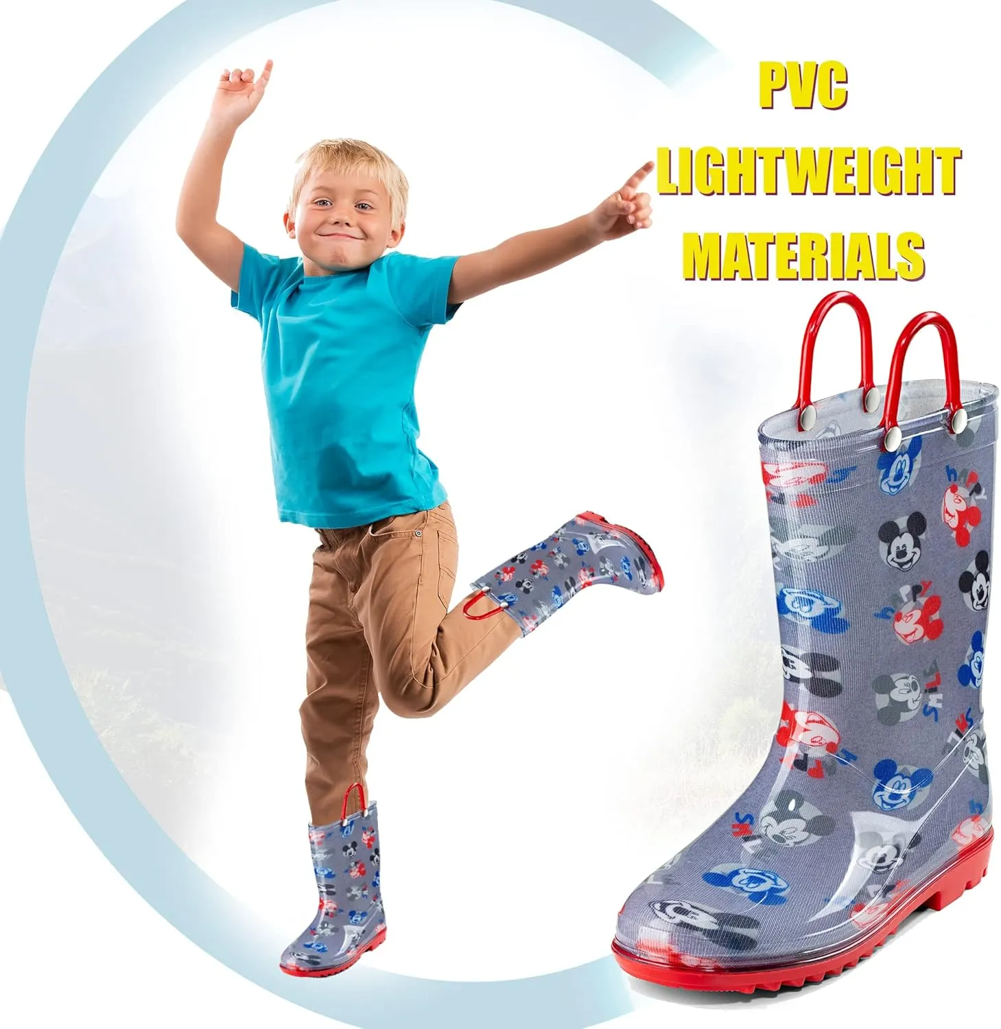 Disney Mickey Mouse Boys' Waterproof PVC Rain Boots with Handles  Toddler & Little Kids