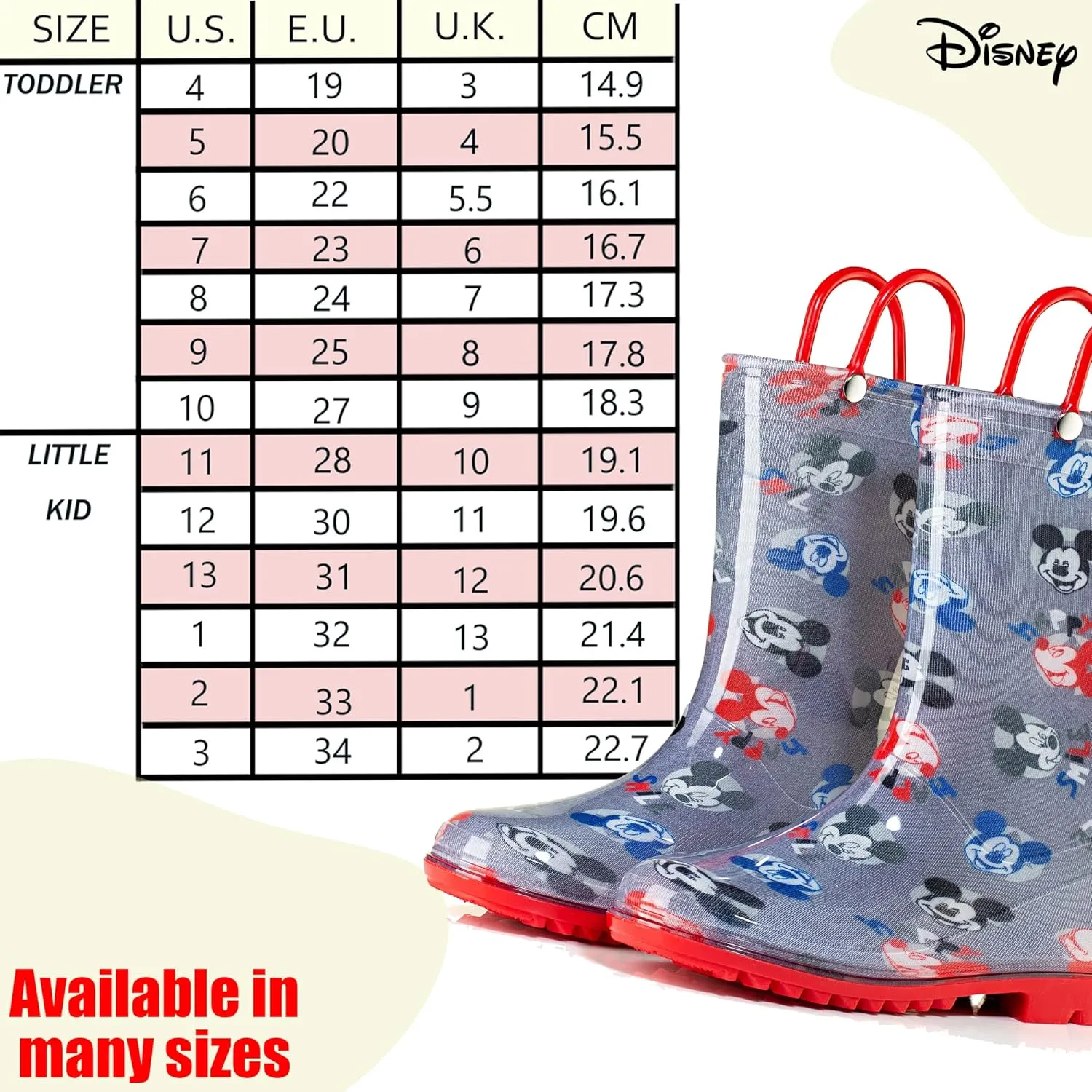 Disney Mickey Mouse Boys' Waterproof PVC Rain Boots with Handles  Toddler & Little Kids