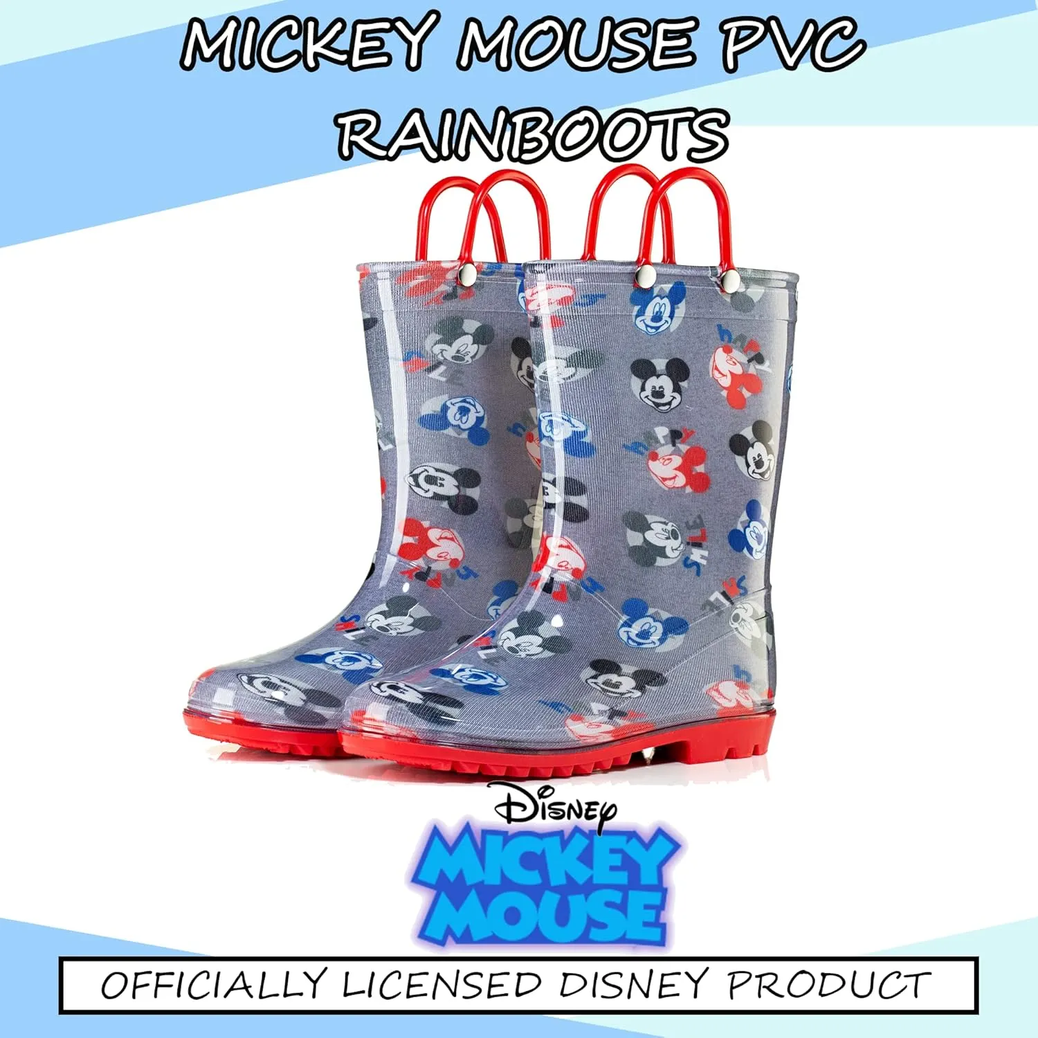 Disney Mickey Mouse Boys' Waterproof PVC Rain Boots with Handles  Toddler & Little Kids