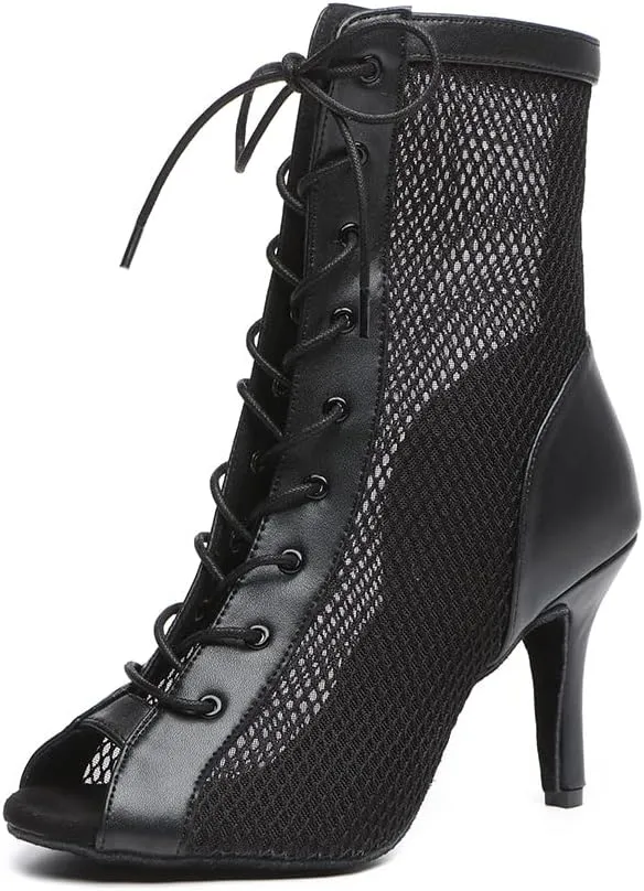 DKZSYIM Women's Open Toe Dance Boots Rhinestone Salsa Ballroom Lace-up Ankle Dance Shoes,Model YCL501