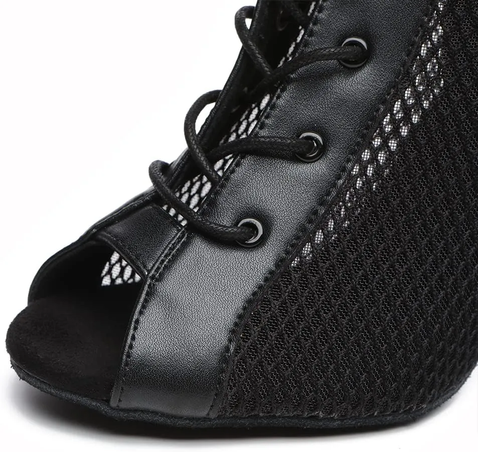 DKZSYIM Women's Open Toe Dance Boots Rhinestone Salsa Ballroom Lace-up Ankle Dance Shoes,Model YCL501