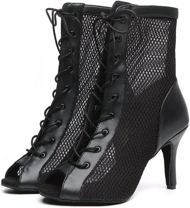 DKZSYIM Women's Open Toe Dance Boots Rhinestone Salsa Ballroom Lace-up Ankle Dance Shoes,Model YCL501